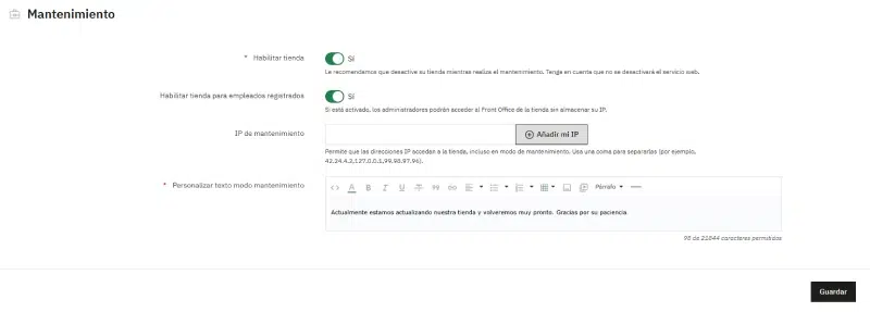 configurar mantenimiento de la tienda online