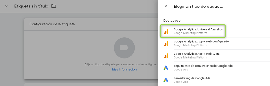 Configurar etiqueta para el píxel de Google Analytics
