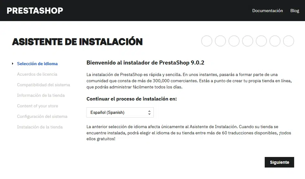 asistente de instalación de PrestaShop 9