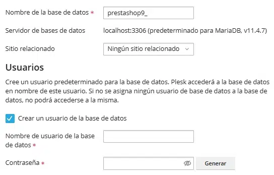 datos para crear base de datos en PrestaShop