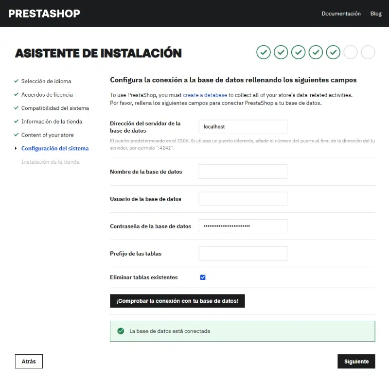 configuración de la conexión de la base de datos de PrestaShop 9