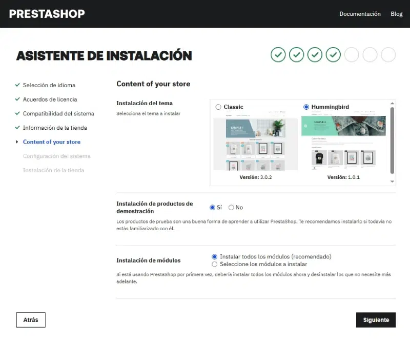 contenido de la tienda de PrestaShop 9