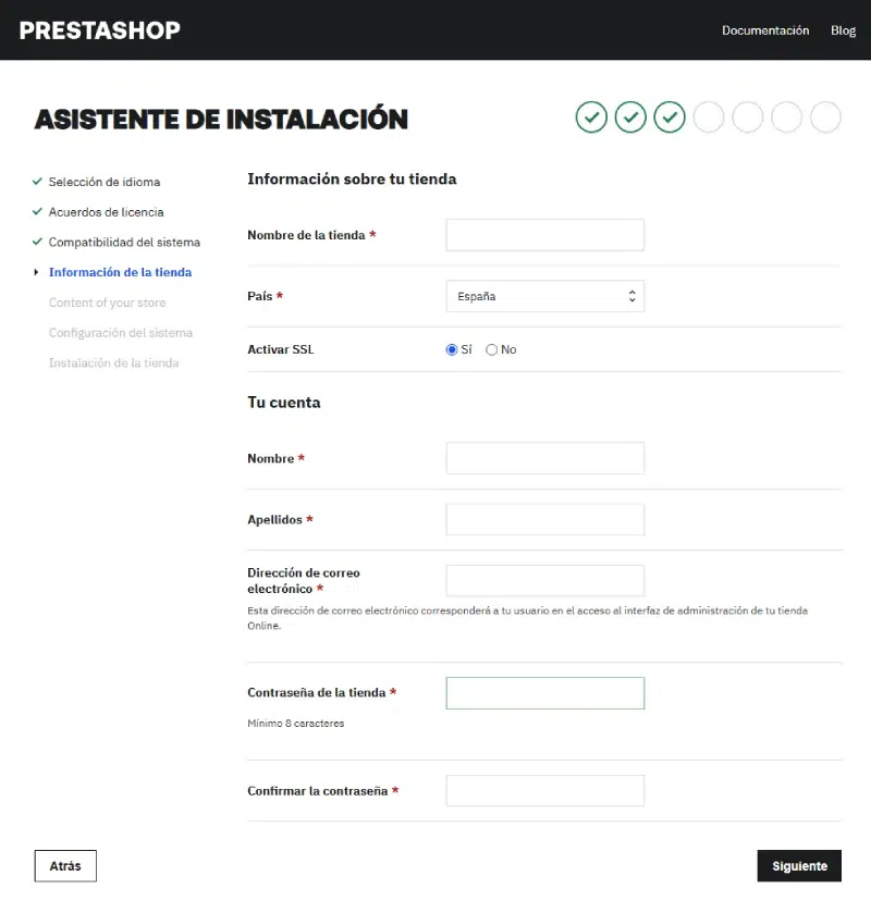 información de la tienda para instalar PrestaShop 9