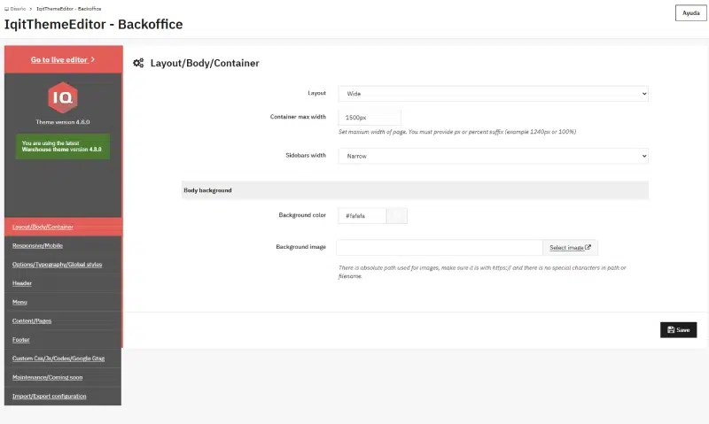 theme editor de la plantilla Warehouse