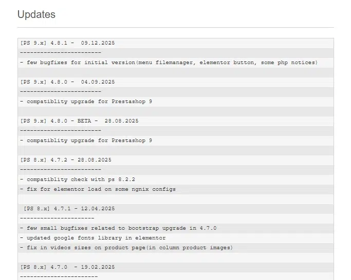 últimos updates de la plantilla warehouse para PrestaShop