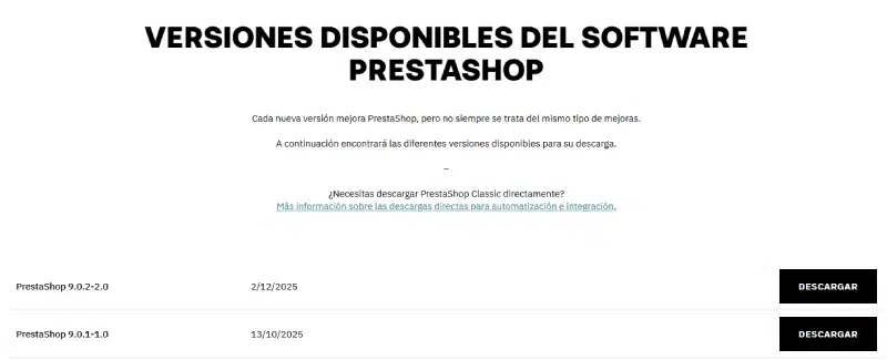 versiones de PrestaShop disponibles para descarga